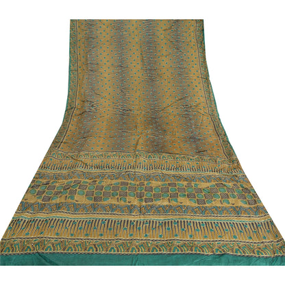 Sanskriti Vintage Green Sarees 100% Pure Silk Hand Beaded Kantha Sari Sustainable Fabric