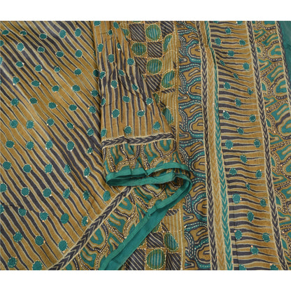 Sanskriti Vintage Green Sarees 100% Pure Silk Hand Beaded Kantha Sari Sustainable Fabric