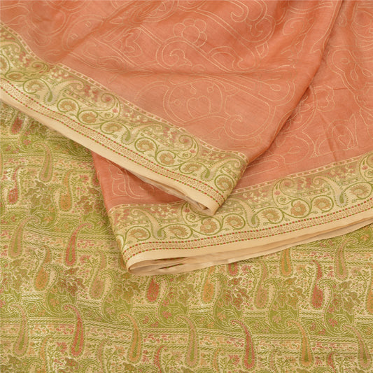 Sanskriti Vintage Peach Sarees Pure Silk Embroidered Woven Premium Sari Sustainable Fabric