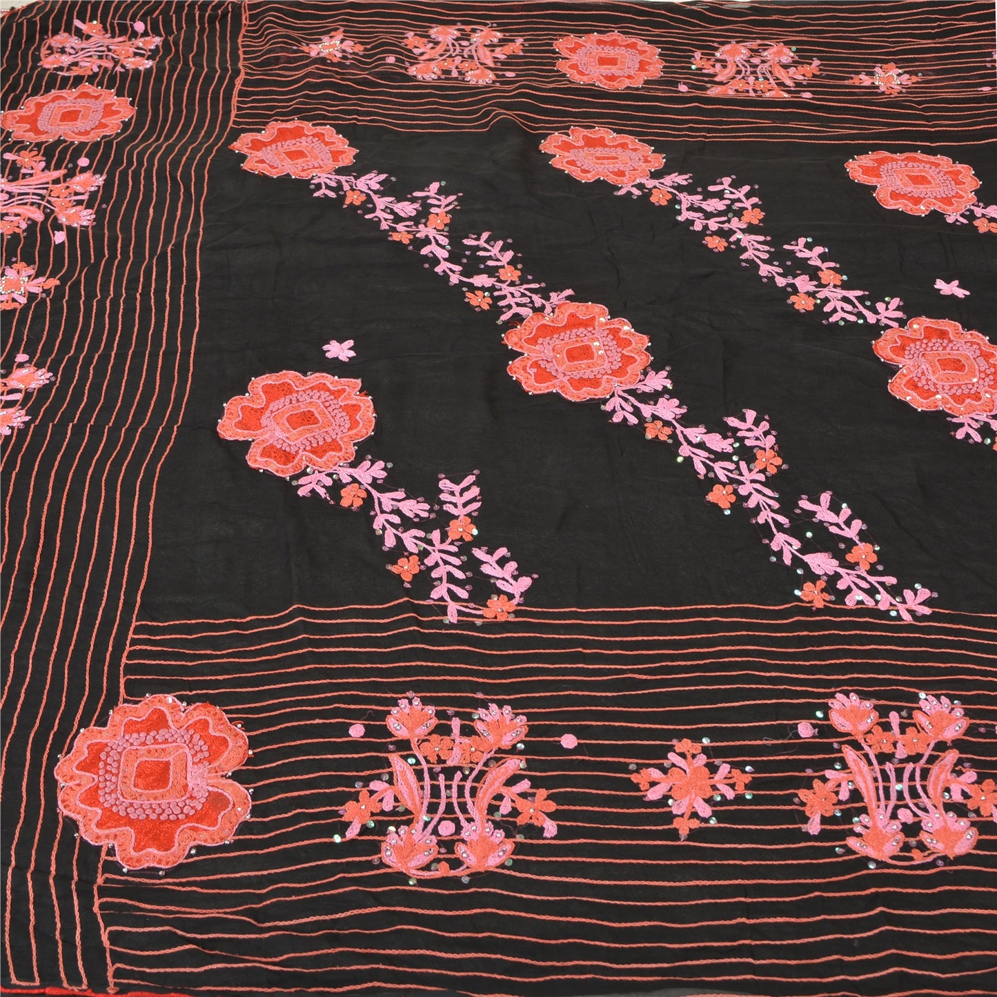 Sanskriti Vintage Black Sarees Blend Silk Hand Beaded Premium Sari Craft Sustainable Fabric