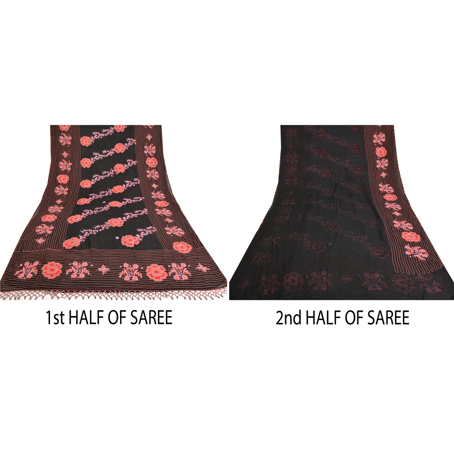 Sanskriti Vintage Black Sarees Blend Silk Hand Beaded Premium Sari Craft Sustainable Fabric