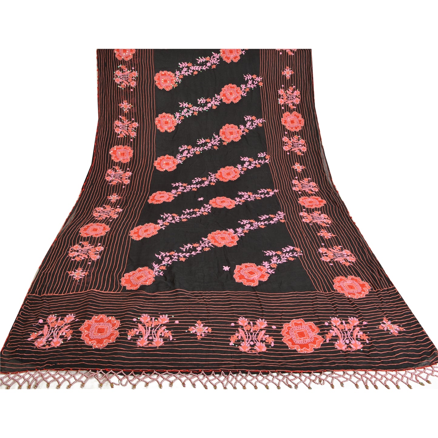 Sanskriti Vintage Black Sarees Blend Silk Hand Beaded Premium Sari Craft Sustainable Fabric