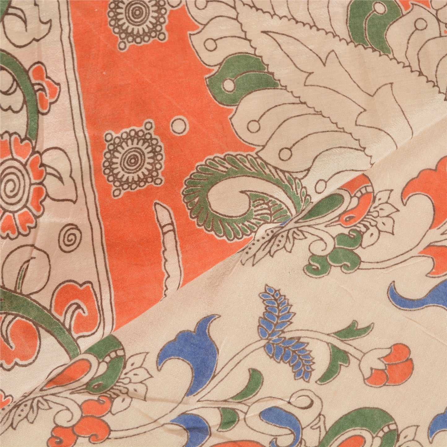 Sanskriti Vintage Ivory Sarees 100% Pure Cotton Handmade Kalamkari Sari Sustainable Fabric