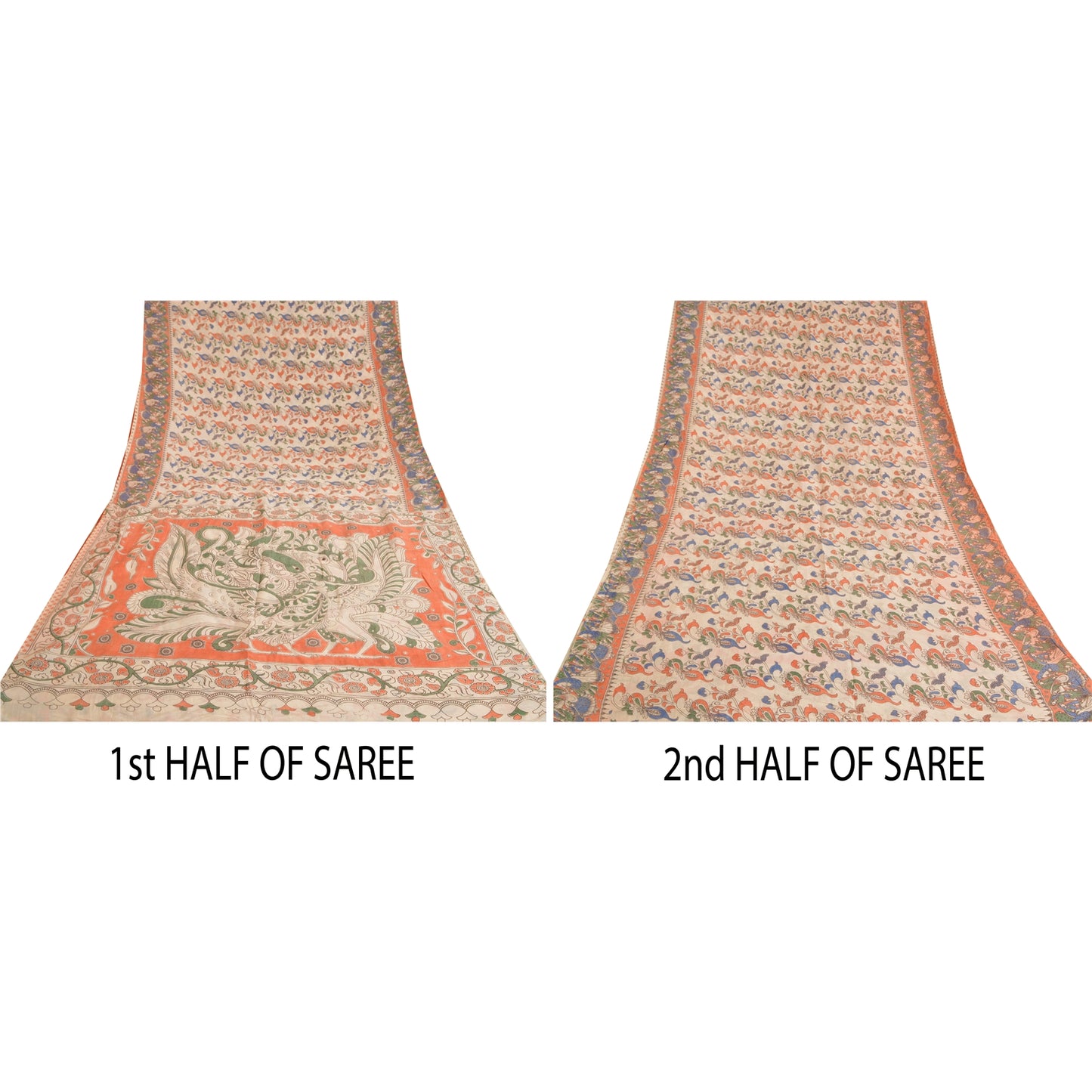 Sanskriti Vintage Ivory Sarees 100% Pure Cotton Handmade Kalamkari Sari Sustainable Fabric