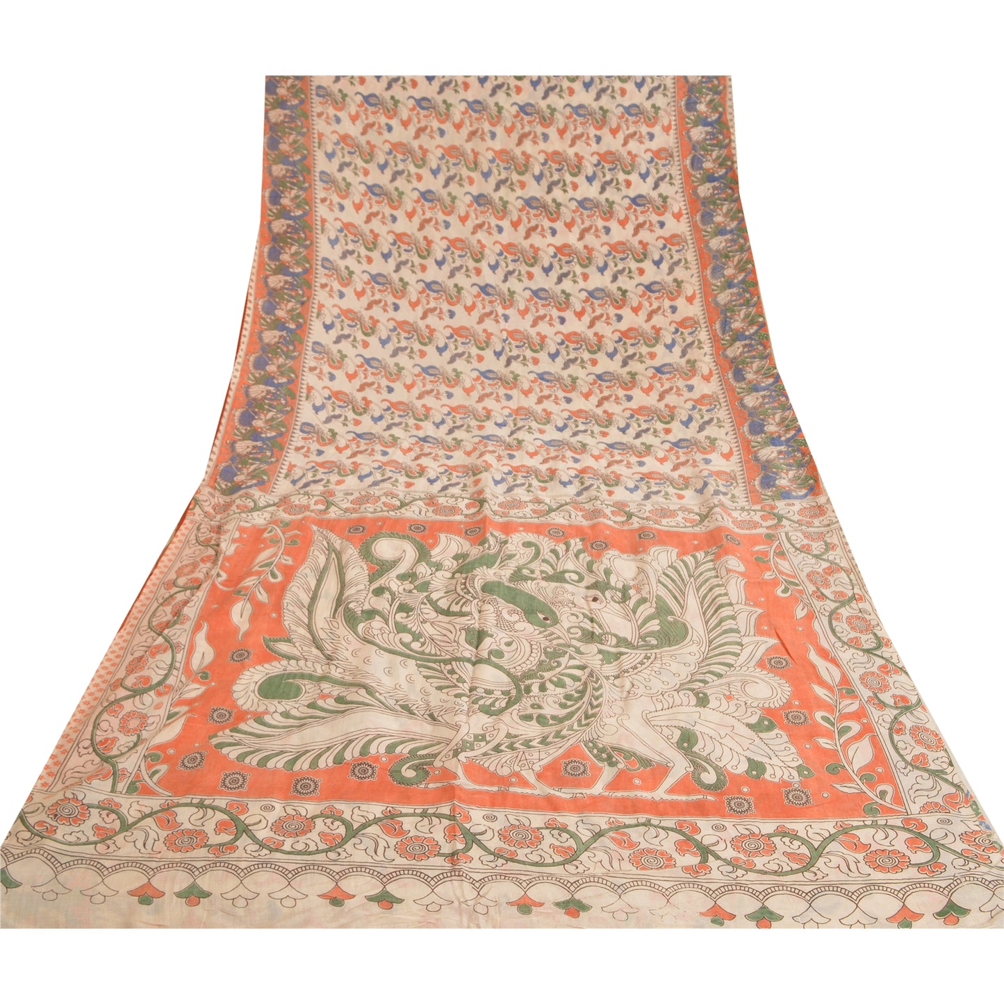 Sanskriti Vintage Ivory Sarees 100% Pure Cotton Handmade Kalamkari Sari Sustainable Fabric