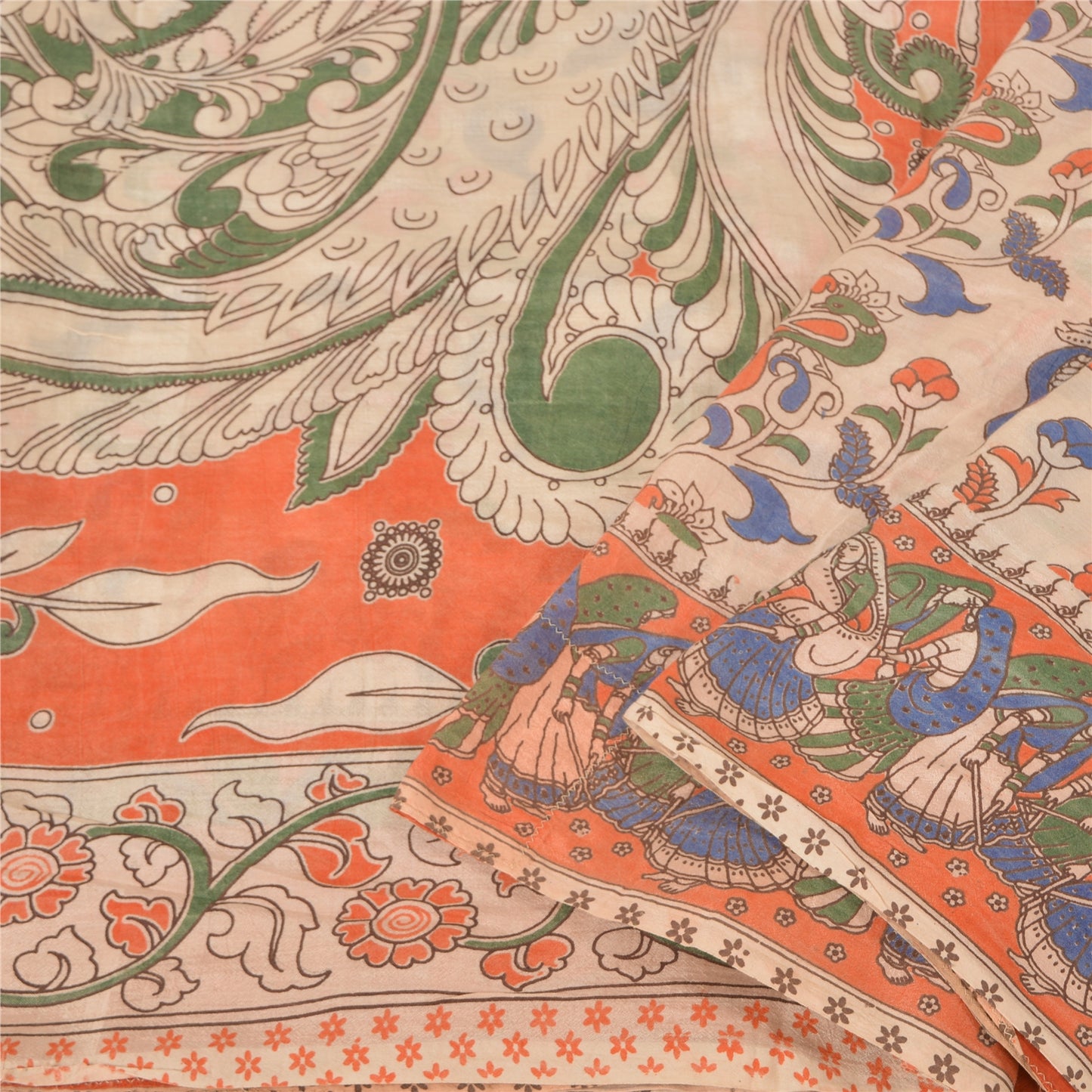 Sanskriti Vintage Ivory Sarees 100% Pure Cotton Handmade Kalamkari Sari Sustainable Fabric