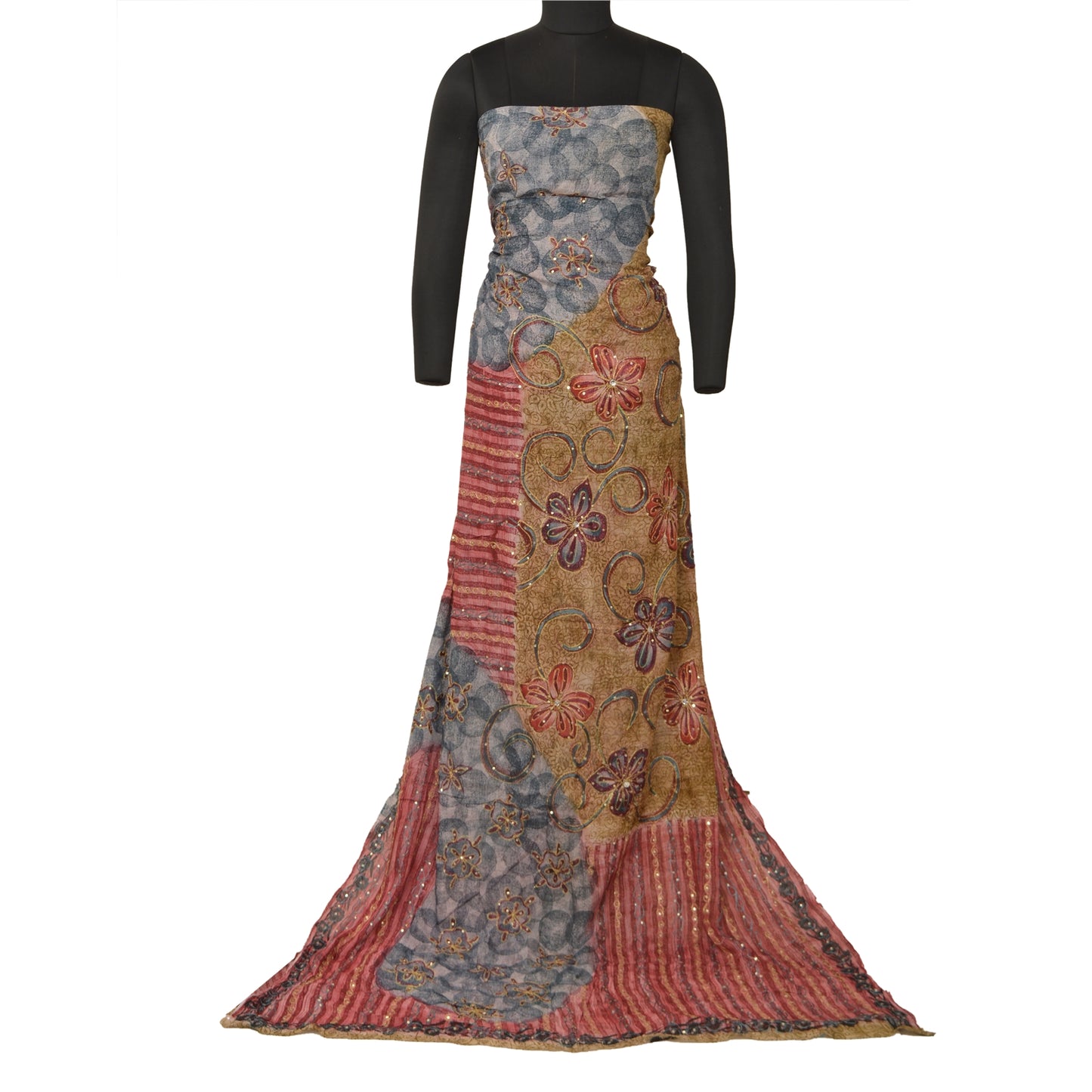 Санскритские винтажные индийские сари из смеси жоржета, расшитые вручную бисером, премиальная ткань для сари из экологически чистой ткани