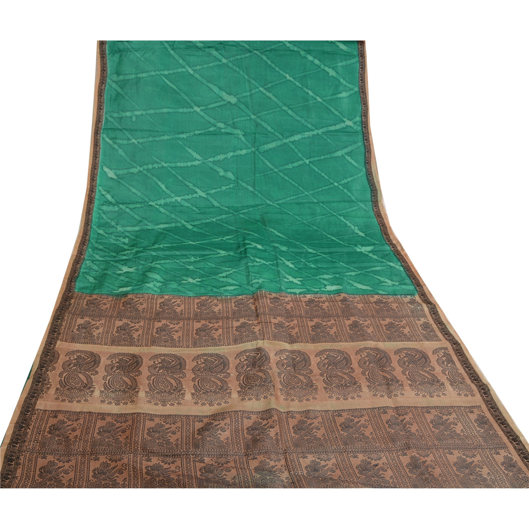 Sanskriti Vintage Green Sarees Pure Silk Woven Baluchari Tie-Dye Sari Fabric