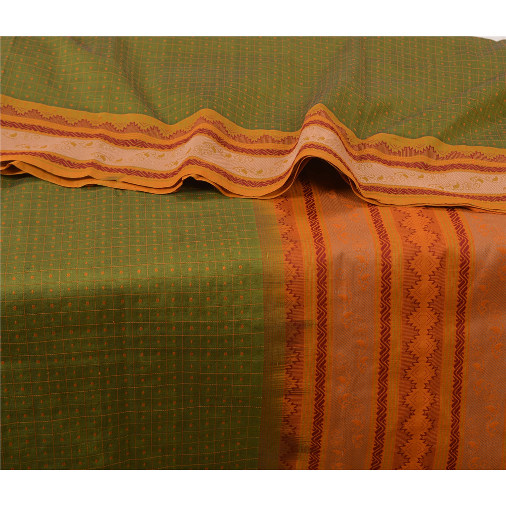 Sanskriti Vintage Green Sarees Blend Cotton Premium Sari Craft 5 Yard Sustainable Fabric