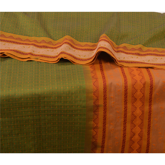 Sanskriti Vintage Green Sarees Blend Cotton Premium Sari Craft 5 Yard Sustainable Fabric