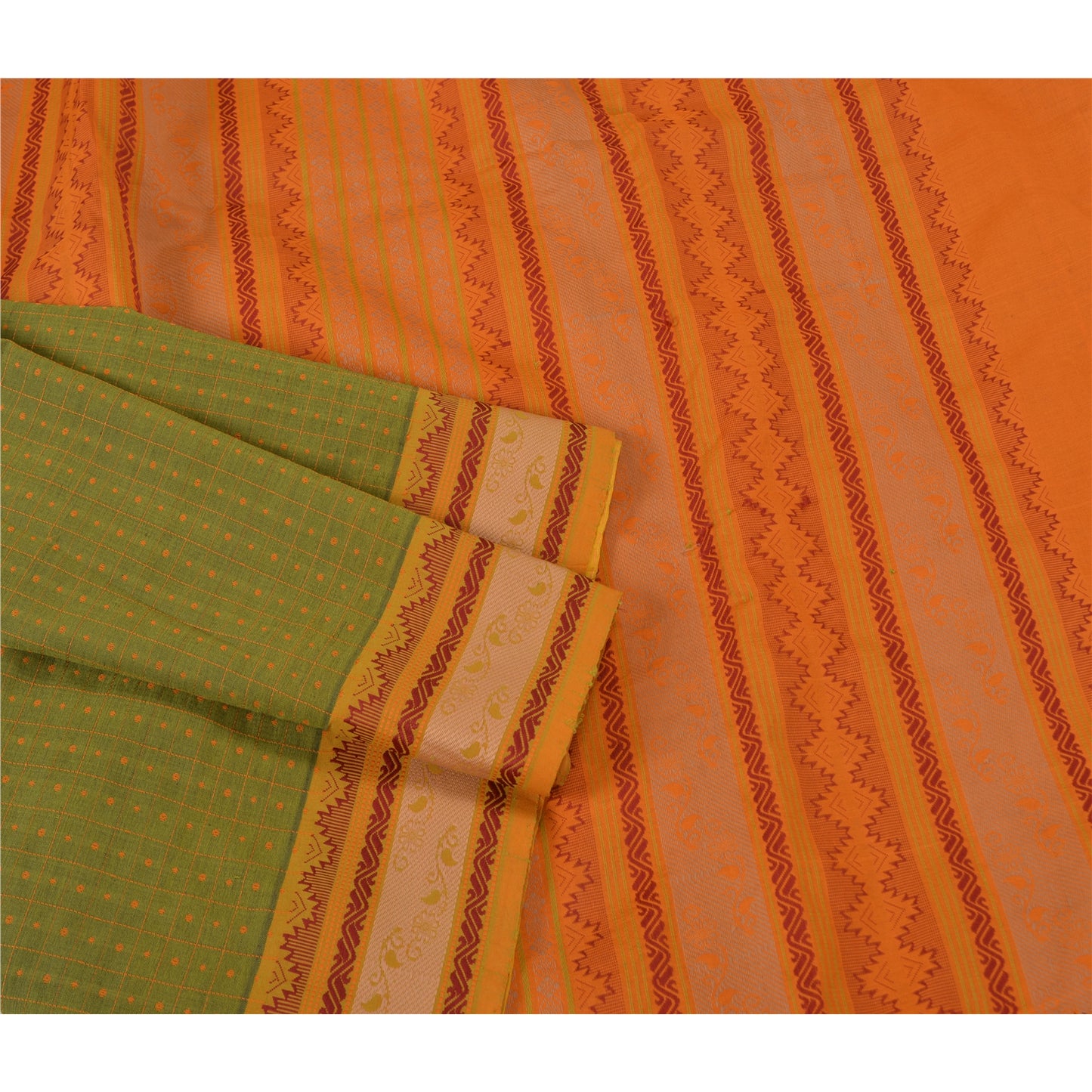Sanskriti Vintage Green Sarees Blend Cotton Premium Sari Craft 5 Yard Sustainable Fabric