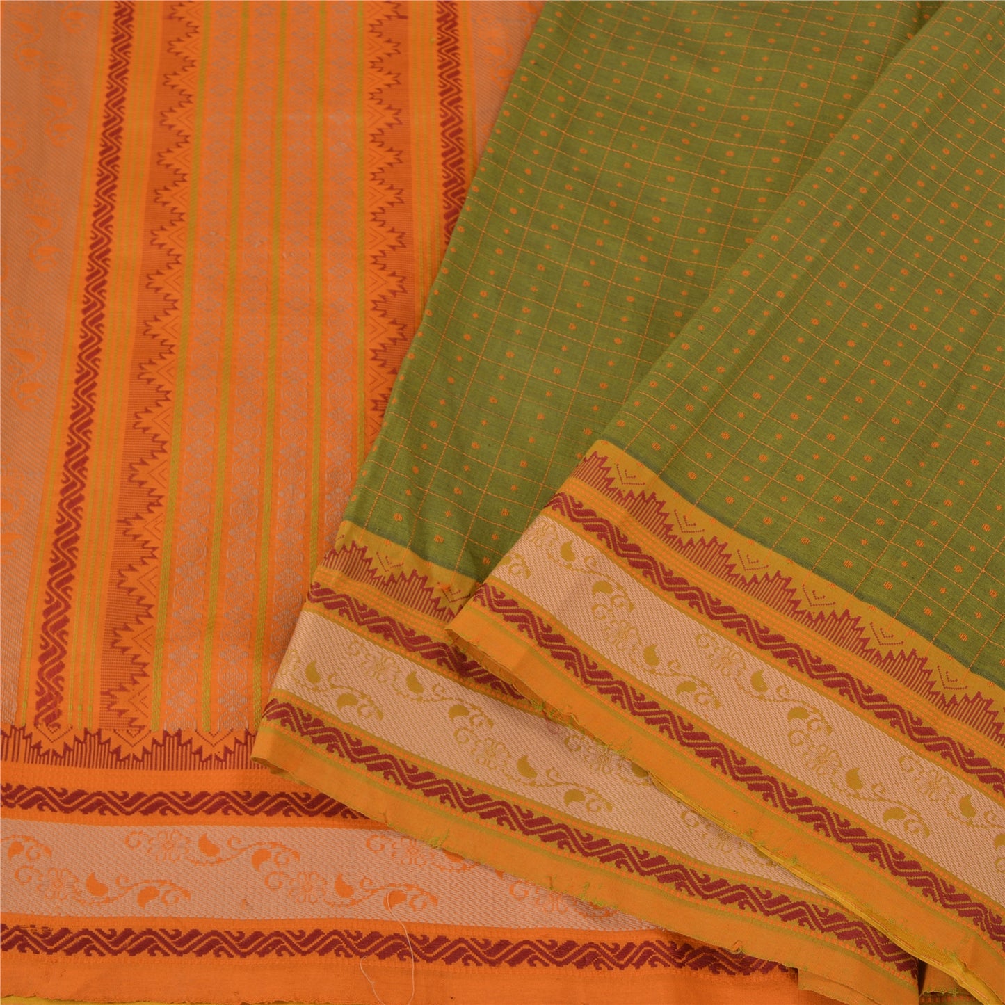 Sanskriti Vintage Green Sarees Blend Cotton Premium Sari Craft 5 Yard Sustainable Fabric