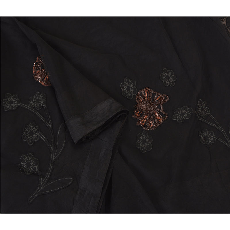 Sanskriti Vintage Sari 100% Pure Georgette Silk Black Bollywood Saree Handmade Zari 5yd Assorted Vintage Sari Scraps, Upcycled Remnant