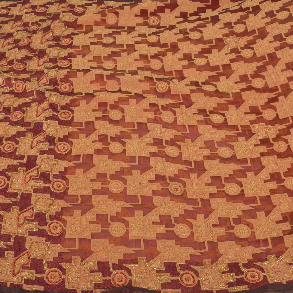 Sanskriti Vintage Brick Red Sarees Pure Organza Silk Handmade Woven Sari Sustainable Fabric