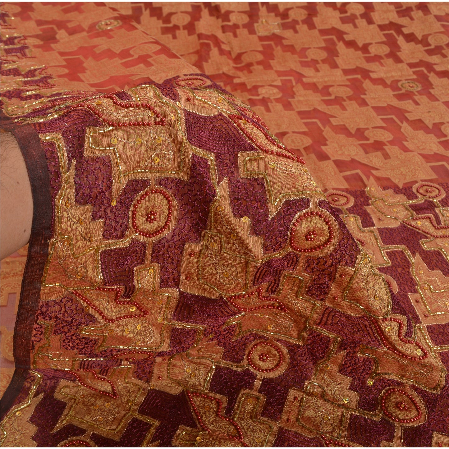 Sanskriti Vintage Brick Red Sarees Pure Organza Silk Handmade Woven Sari Sustainable Fabric