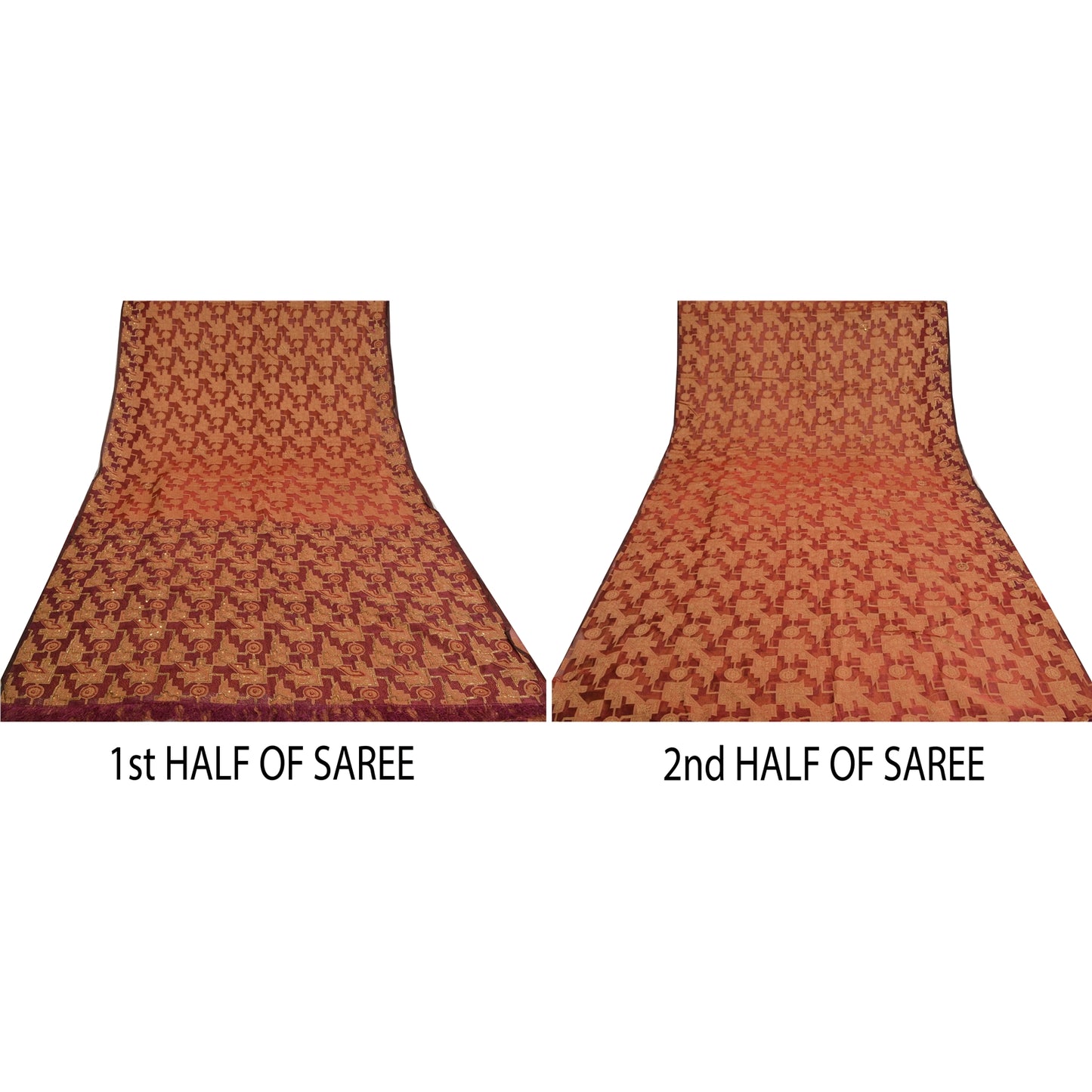 Sanskriti Vintage Brick Red Sarees Pure Organza Silk Handmade Woven Sari Sustainable Fabric