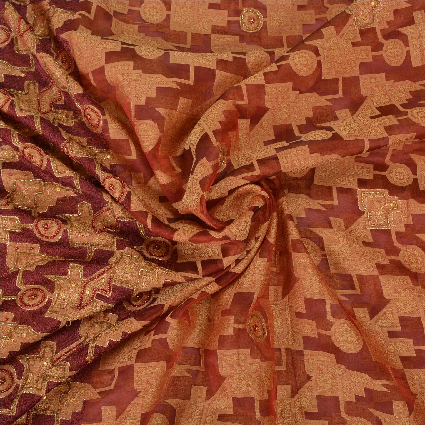 Sanskriti Vintage Brick Red Sarees Pure Organza Silk Handmade Woven Sari Sustainable Fabric