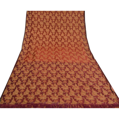 Sanskriti Vintage Brick Red Sarees Pure Organza Silk Handmade Woven Sari Sustainable Fabric