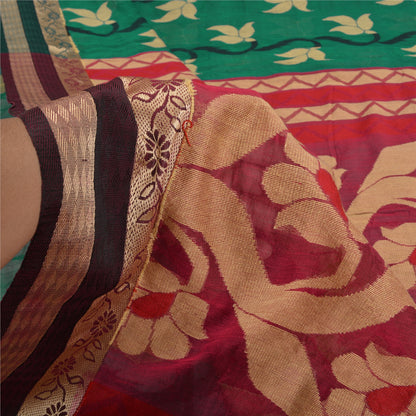 Sanskriti Vintage Green/Pink Indian Sarees Blend Silk Woven Premium Sari Sustainable Fabric