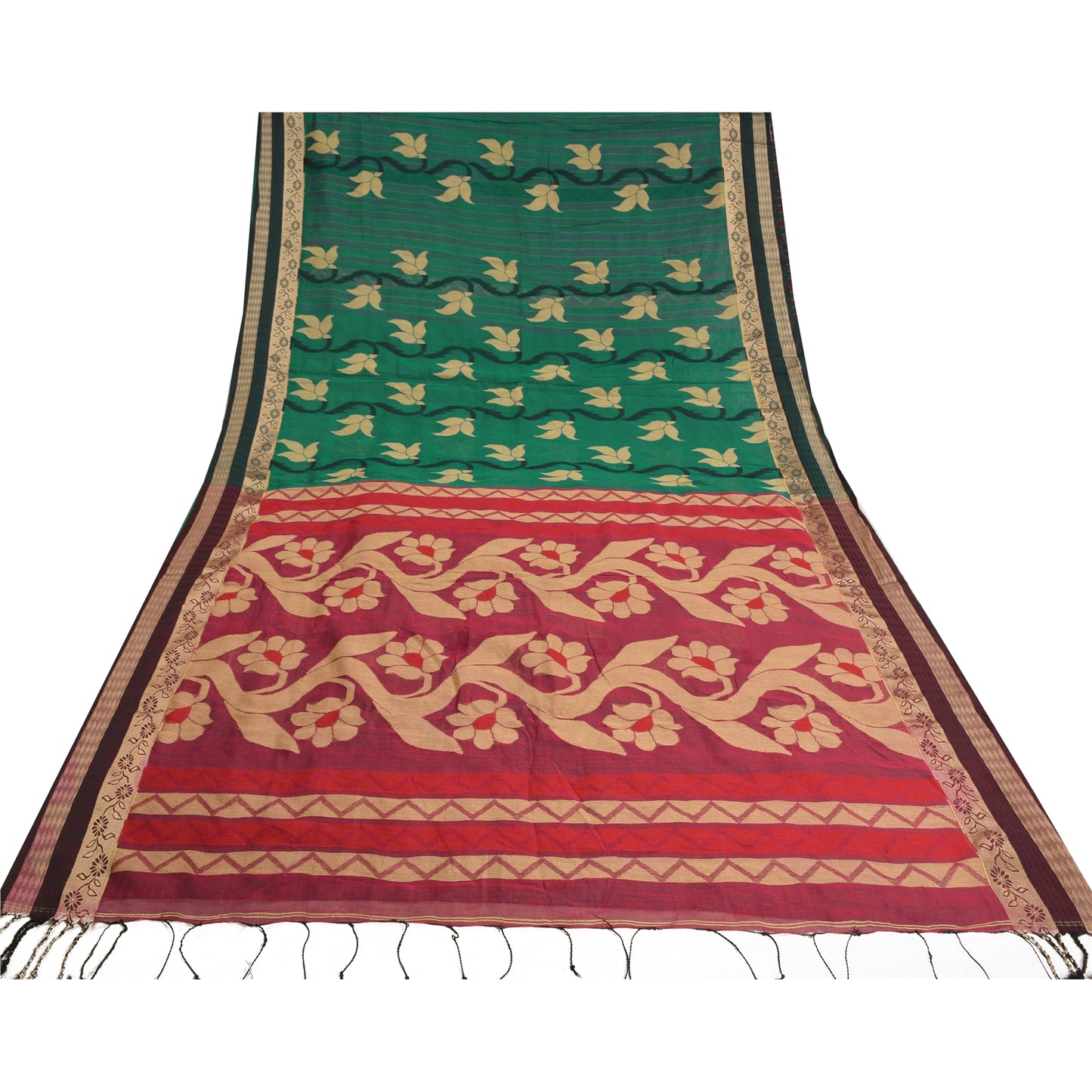 Sanskriti Vintage Green/Pink Indian Sarees Blend Silk Woven Premium Sari Sustainable Fabric