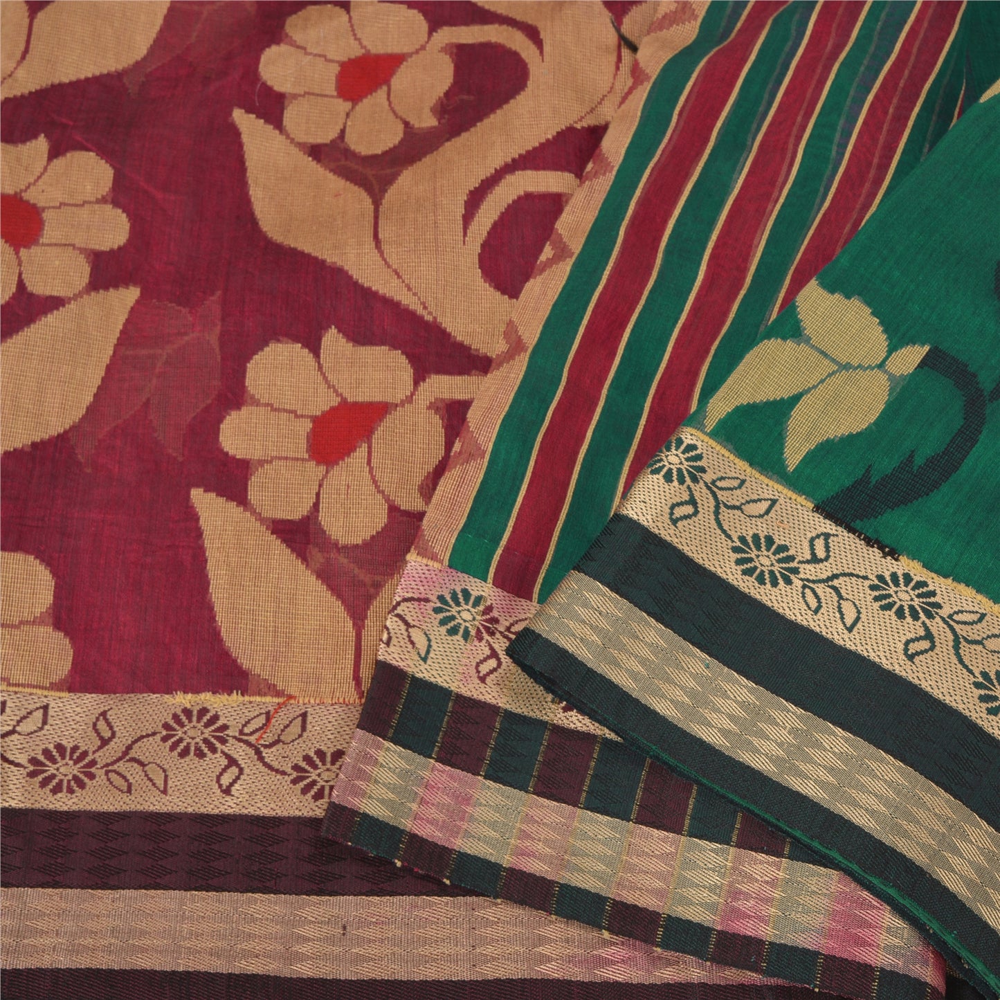 Sanskriti Vintage Green/Pink Indian Sarees Blend Silk Woven Premium Sari Sustainable Fabric