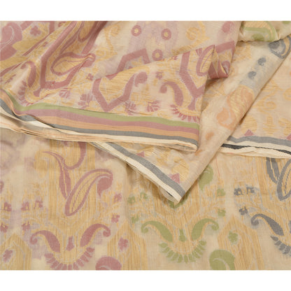 Sanskriti Vintage Ivory Indian Sarees 100% Pure Silk Woven Sari Craft Sustainable Fabric