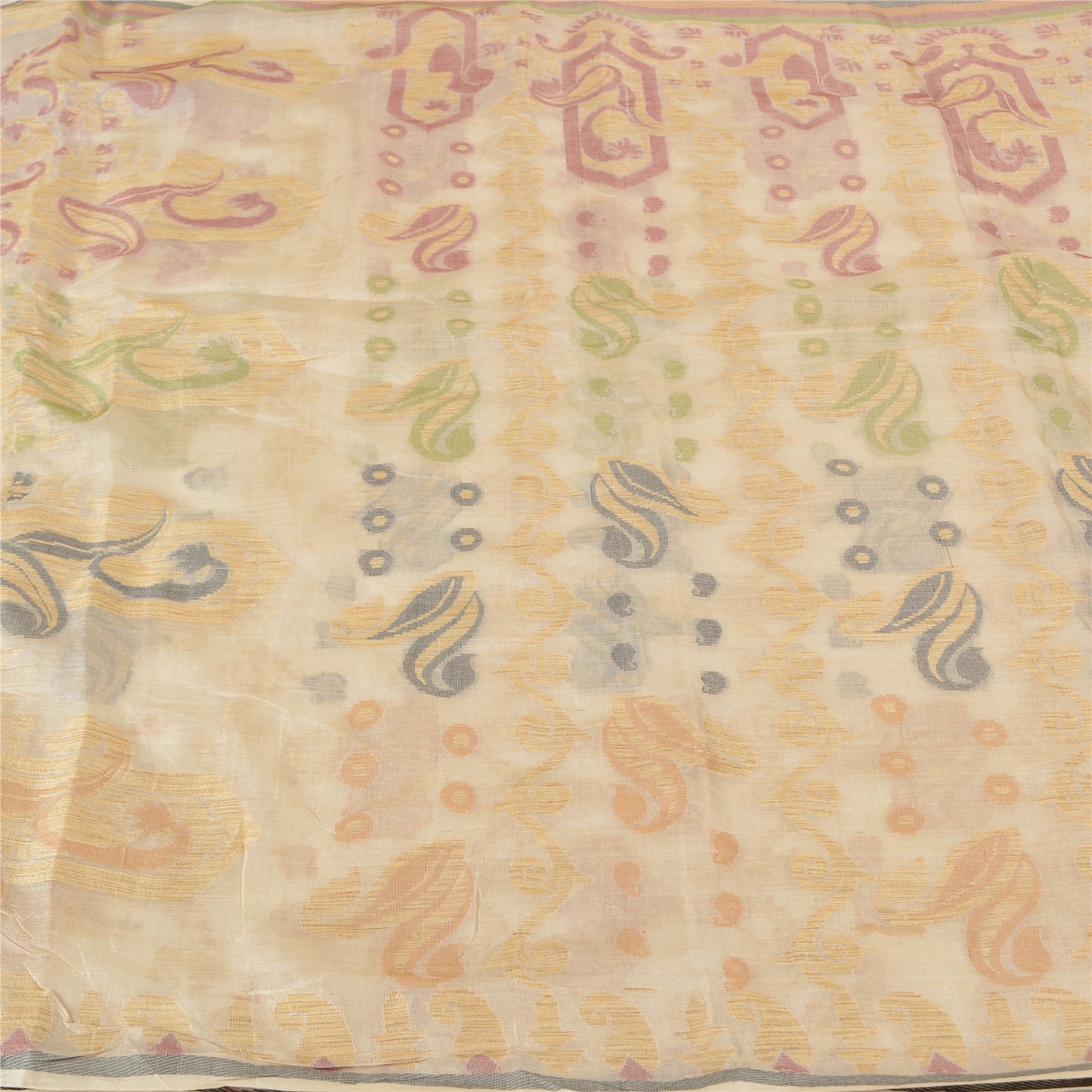 Sanskriti Vintage Ivory Indian Sarees 100% Pure Silk Woven Sari Craft Sustainable Fabric