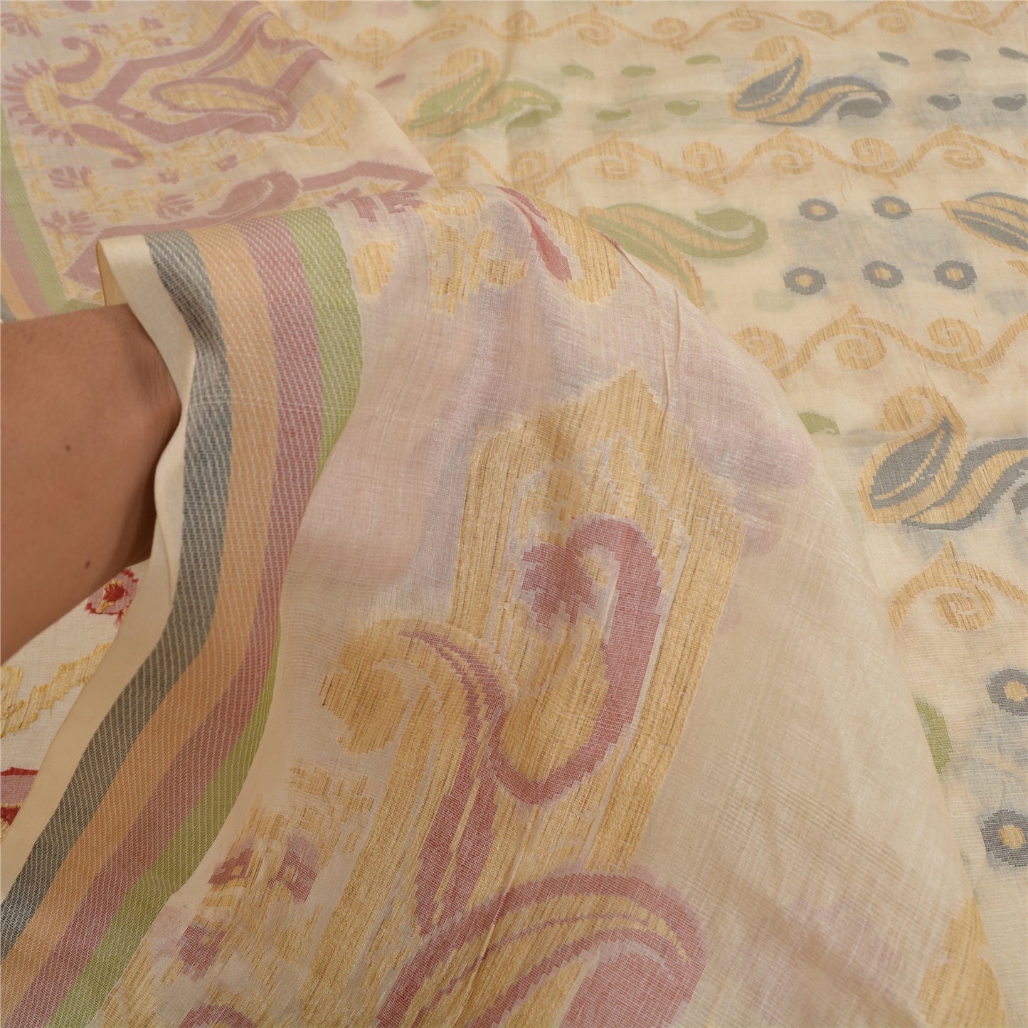 Sanskriti Vintage Ivory Indian Sarees 100% Pure Silk Woven Sari Craft Sustainable Fabric