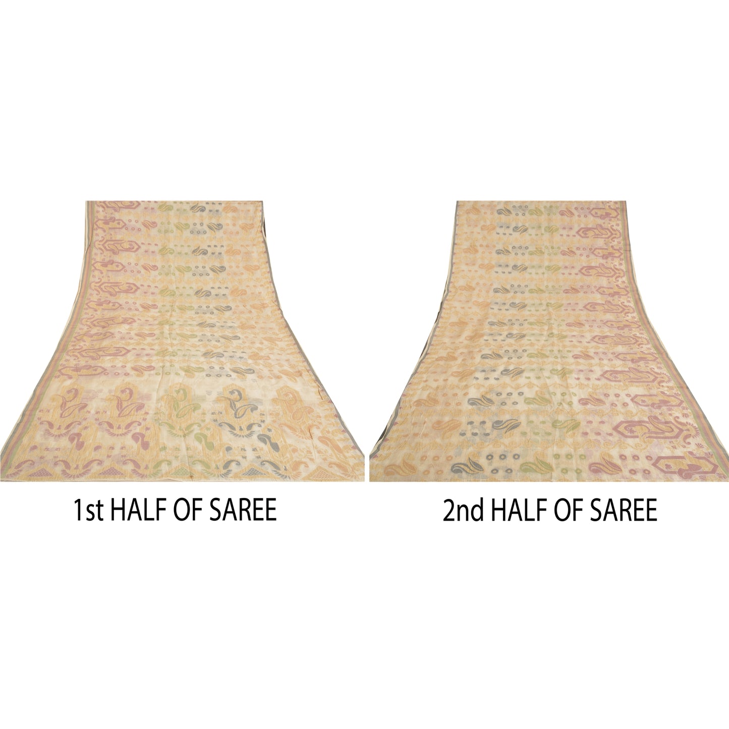 Sanskriti Vintage Ivory Indian Sarees 100% Pure Silk Woven Sari Craft Sustainable Fabric