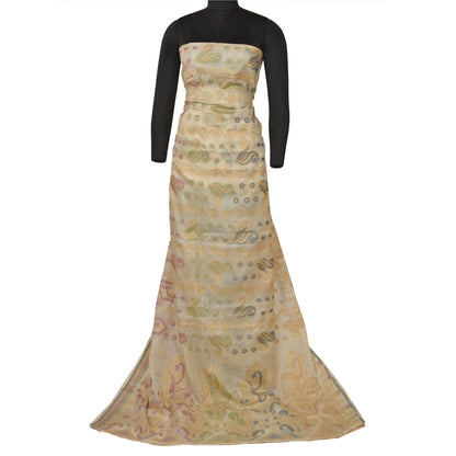 Sanskriti Vintage Ivory Indian Sarees 100% Pure Silk Woven Sari Craft Sustainable Fabric