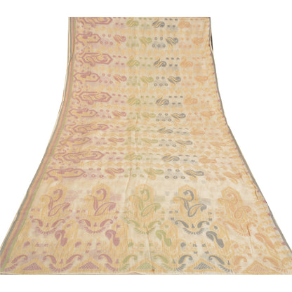 Sanskriti Vintage Ivory Indian Sarees 100% Pure Silk Woven Sari Craft Sustainable Fabric