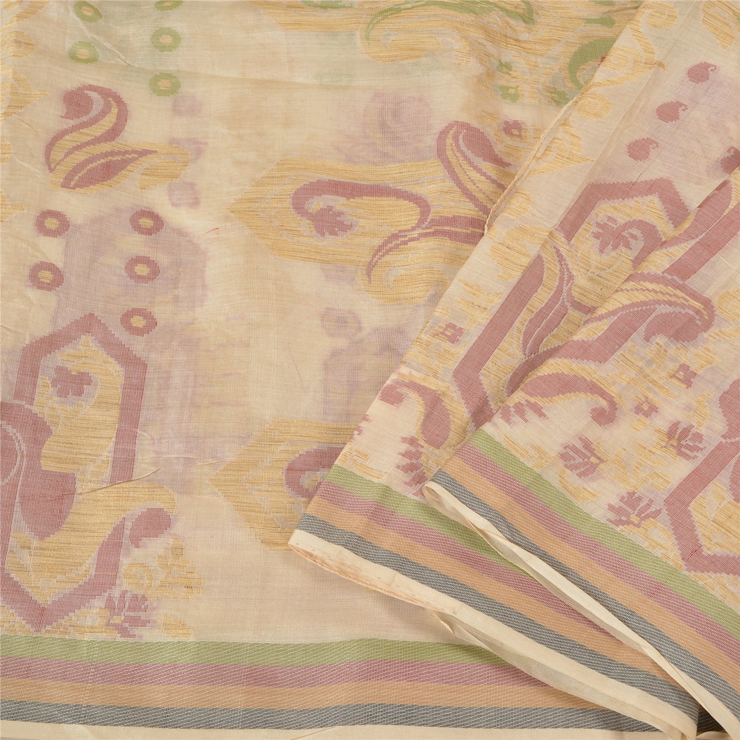 Sanskriti Vintage Ivory Indian Sarees 100% Pure Silk Woven Sari Craft Sustainable Fabric