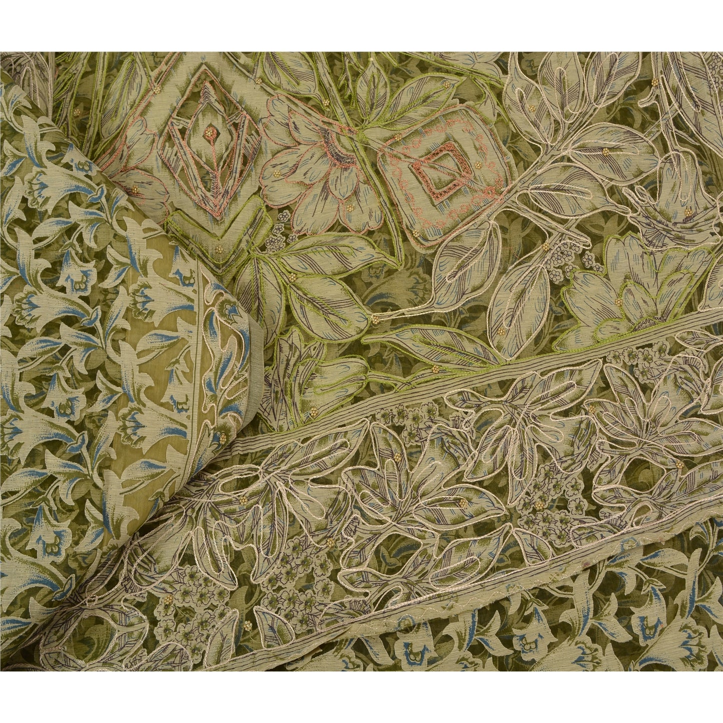 Sanskriti Vintage Green/Cream Sarees Organza Hand Beaded Brasso Work Sari Sustainable Fabric