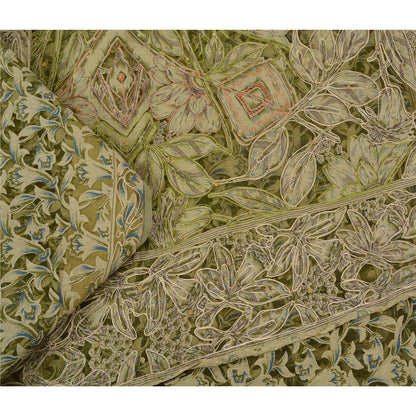 Sanskriti Vintage Green/Cream Sarees Organza Hand Beaded Brasso Work Sari Sustainable Fabric