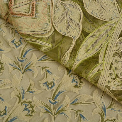 Sanskriti Vintage Green/Cream Sarees Organza Hand Beaded Brasso Work Sari Sustainable Fabric