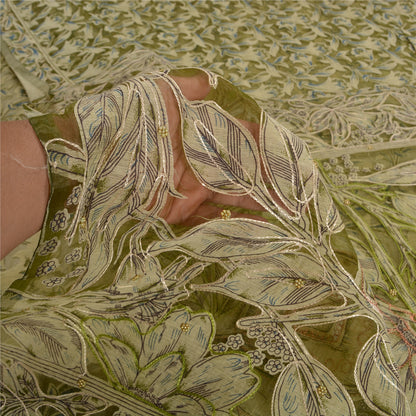 Sanskriti Vintage Green/Cream Sarees Organza Hand Beaded Brasso Work Sari Sustainable Fabric