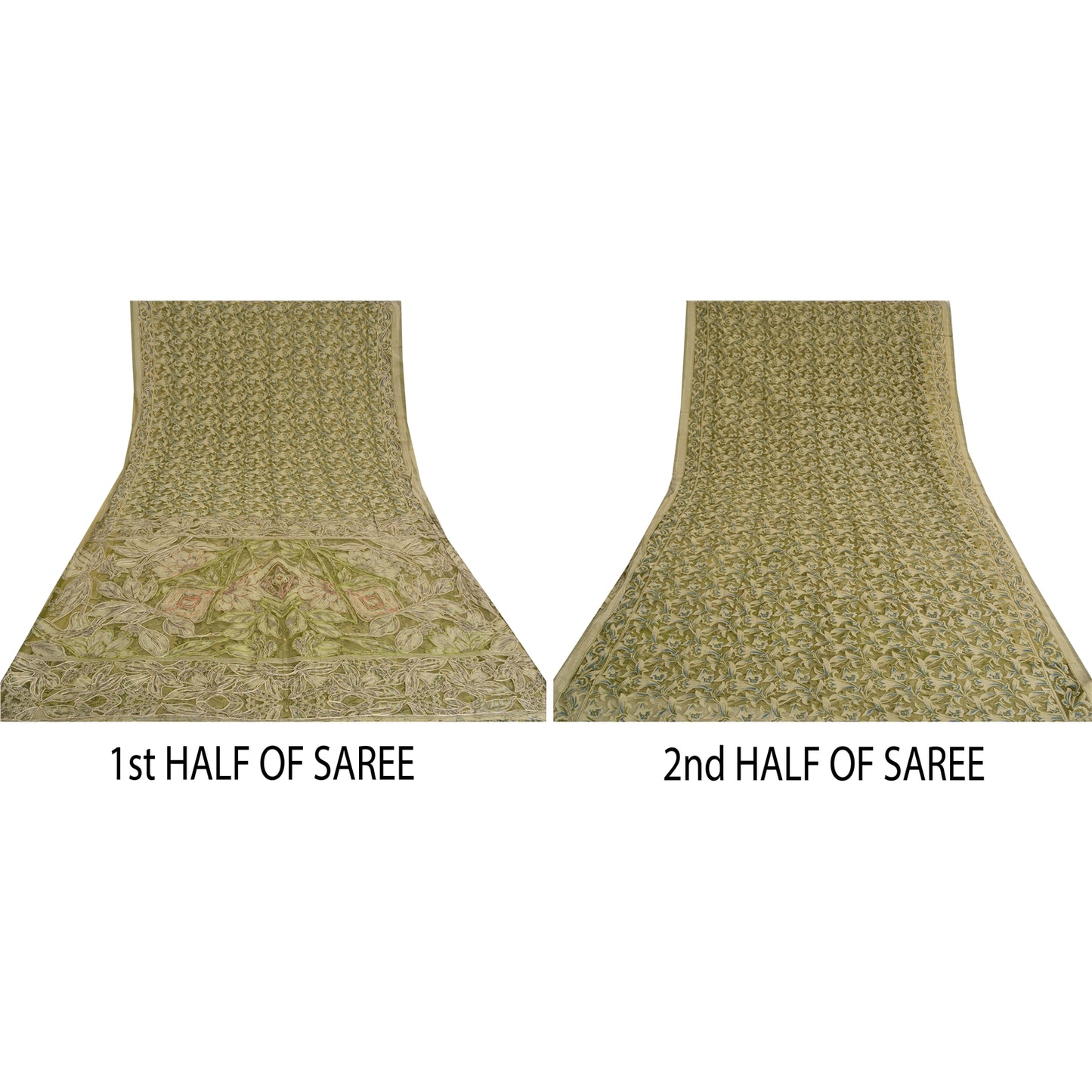 Sanskriti Vintage Green/Cream Sarees Organza Hand Beaded Brasso Work Sari Sustainable Fabric