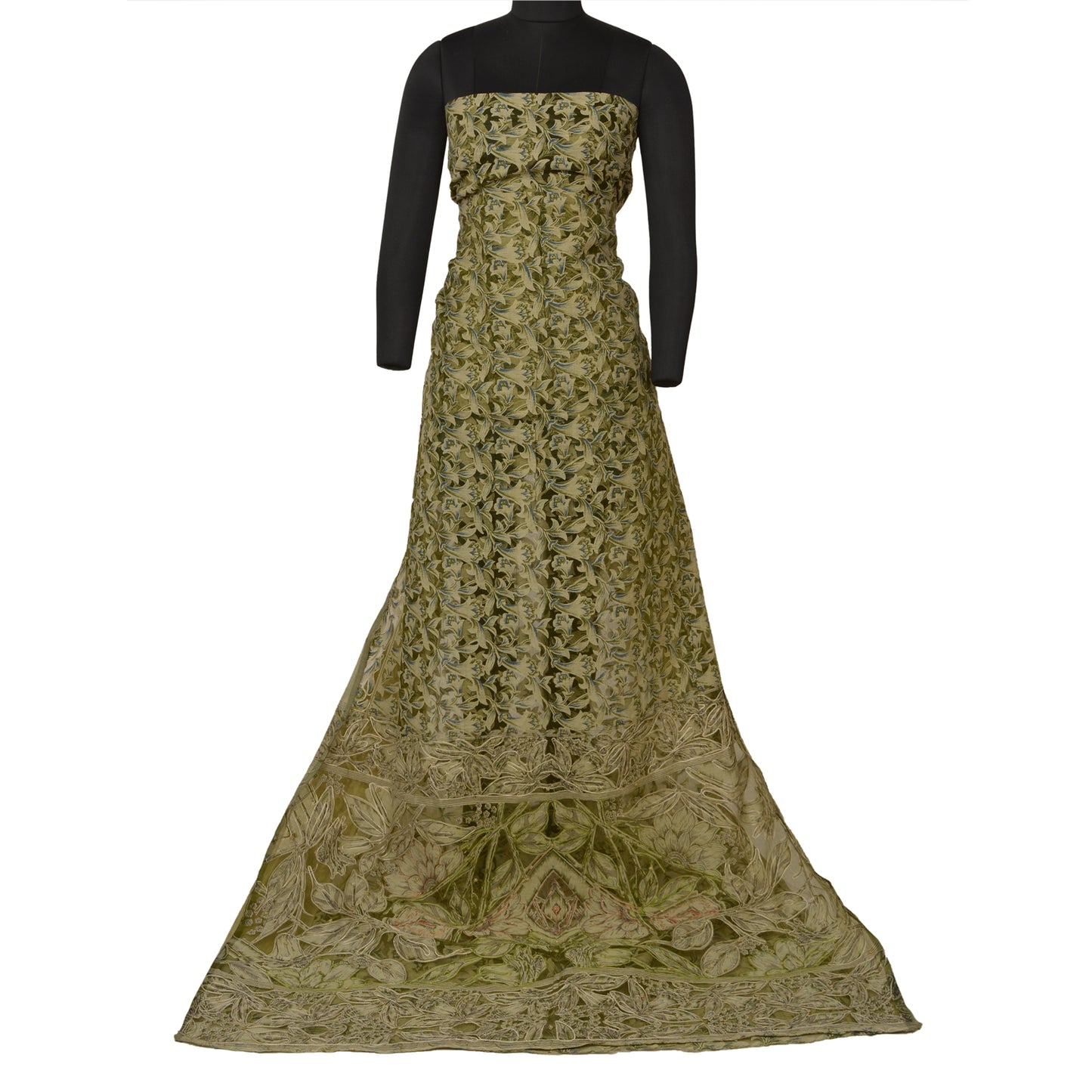 Sanskriti Vintage Green/Cream Sarees Organza Hand Beaded Brasso Work Sari Sustainable Fabric