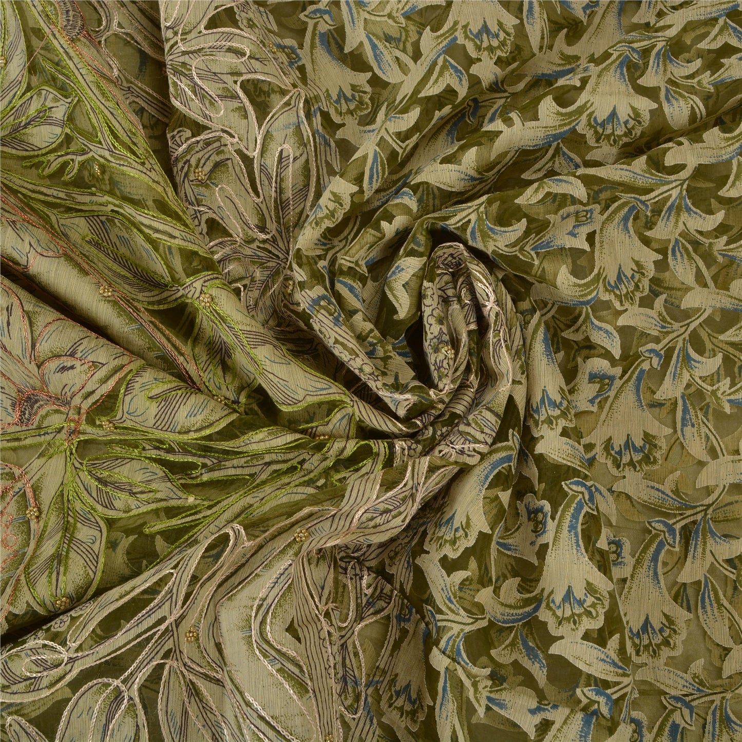 Sanskriti Vintage Green/Cream Sarees Organza Hand Beaded Brasso Work Sari Sustainable Fabric