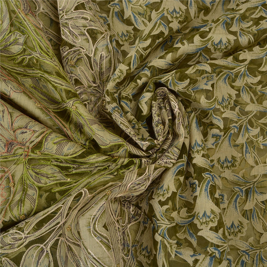 Sanskriti Vintage Green/Cream Sarees Organza Hand Beaded Brasso Work Sari Sustainable Fabric