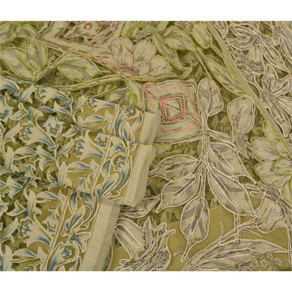 Sanskriti Vintage Green/Cream Sarees Organza Hand Beaded Brasso Work Sari Sustainable Fabric