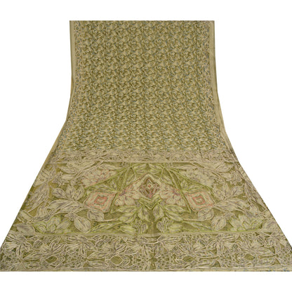Sanskriti Vintage Green/Cream Sarees Organza Hand Beaded Brasso Work Sari Sustainable Fabric