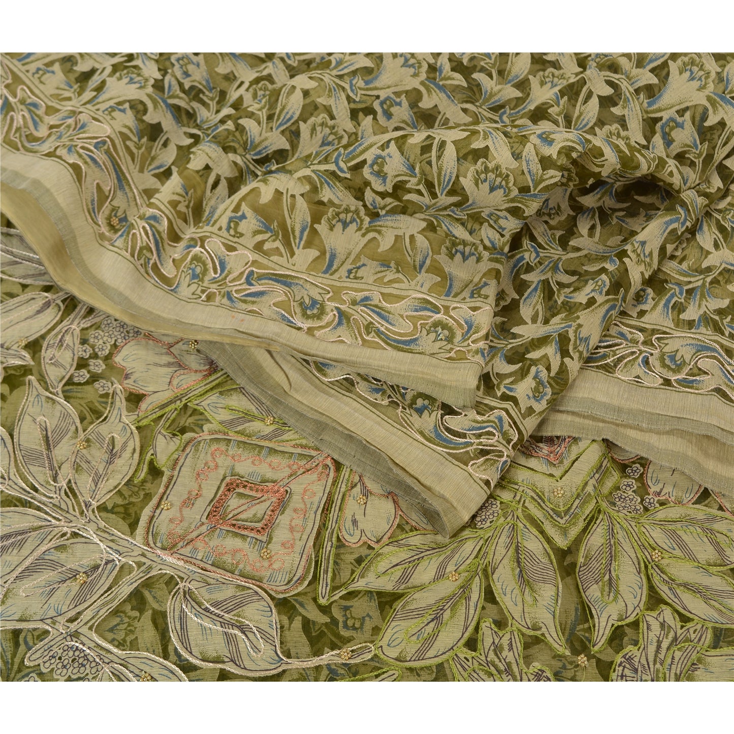 Sanskriti Vintage Green/Cream Sarees Organza Hand Beaded Brasso Work Sari Sustainable Fabric