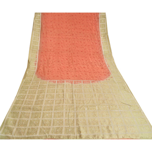 Санскритские винтажные коралловые/зеленые сари из чистого шелка с вышивкой, окрашенные сари из экологически чистой ткани