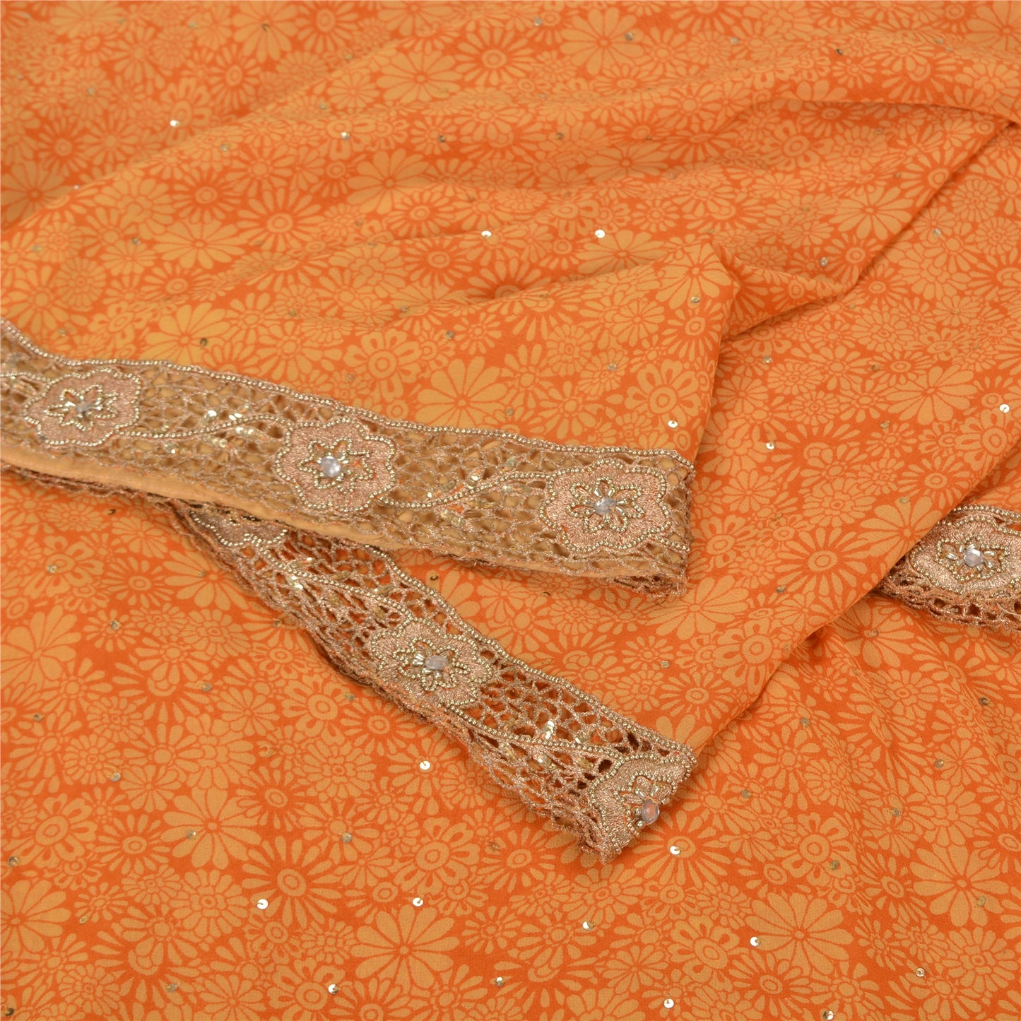 Sanskriti Vintage Orange Bollywood Sarees Pure Georgette Silk Beaded Sari Sustainable Fabric