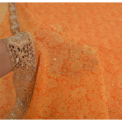 Sanskriti Vintage Orange Bollywood Sarees Pure Georgette Silk Beaded Sari Sustainable Fabric