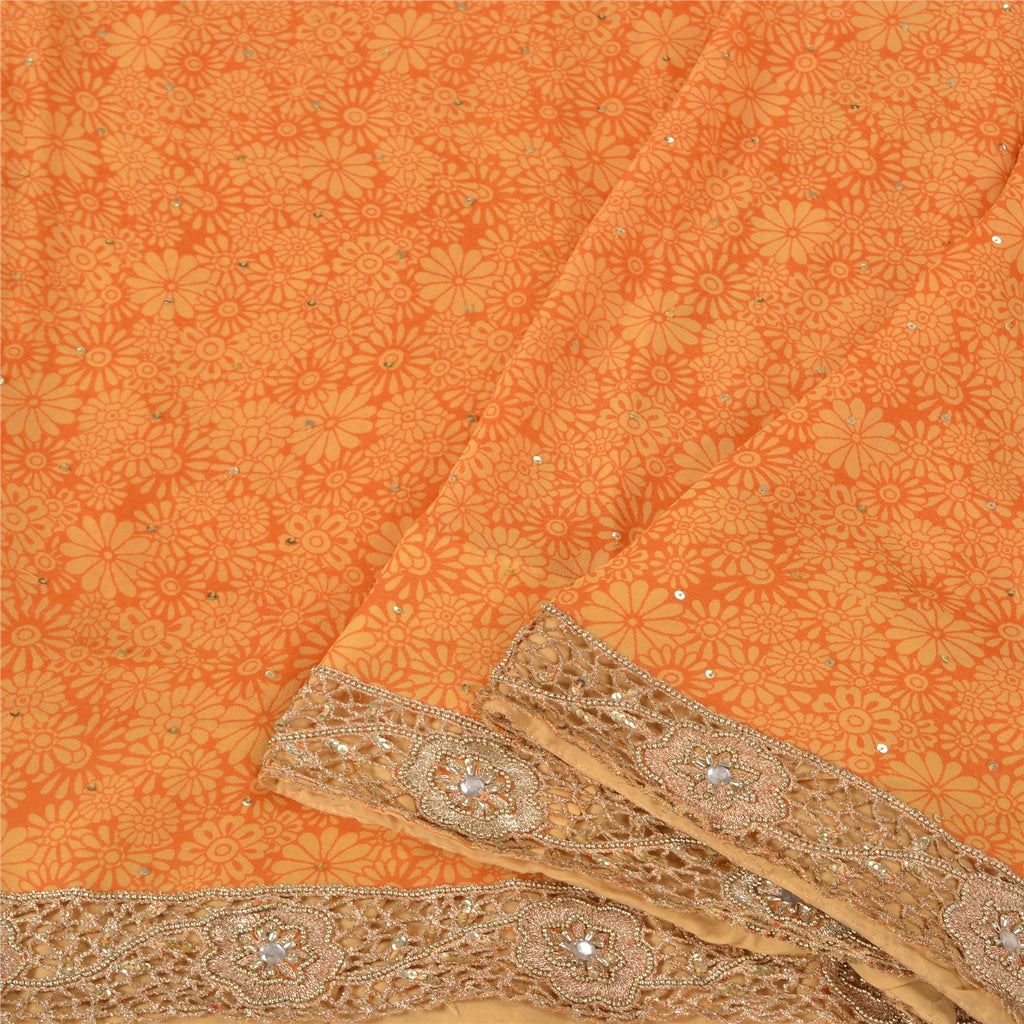 Sanskriti Vintage Orange Bollywood Sarees Pure Georgette Silk Beaded Sari Sustainable Fabric
