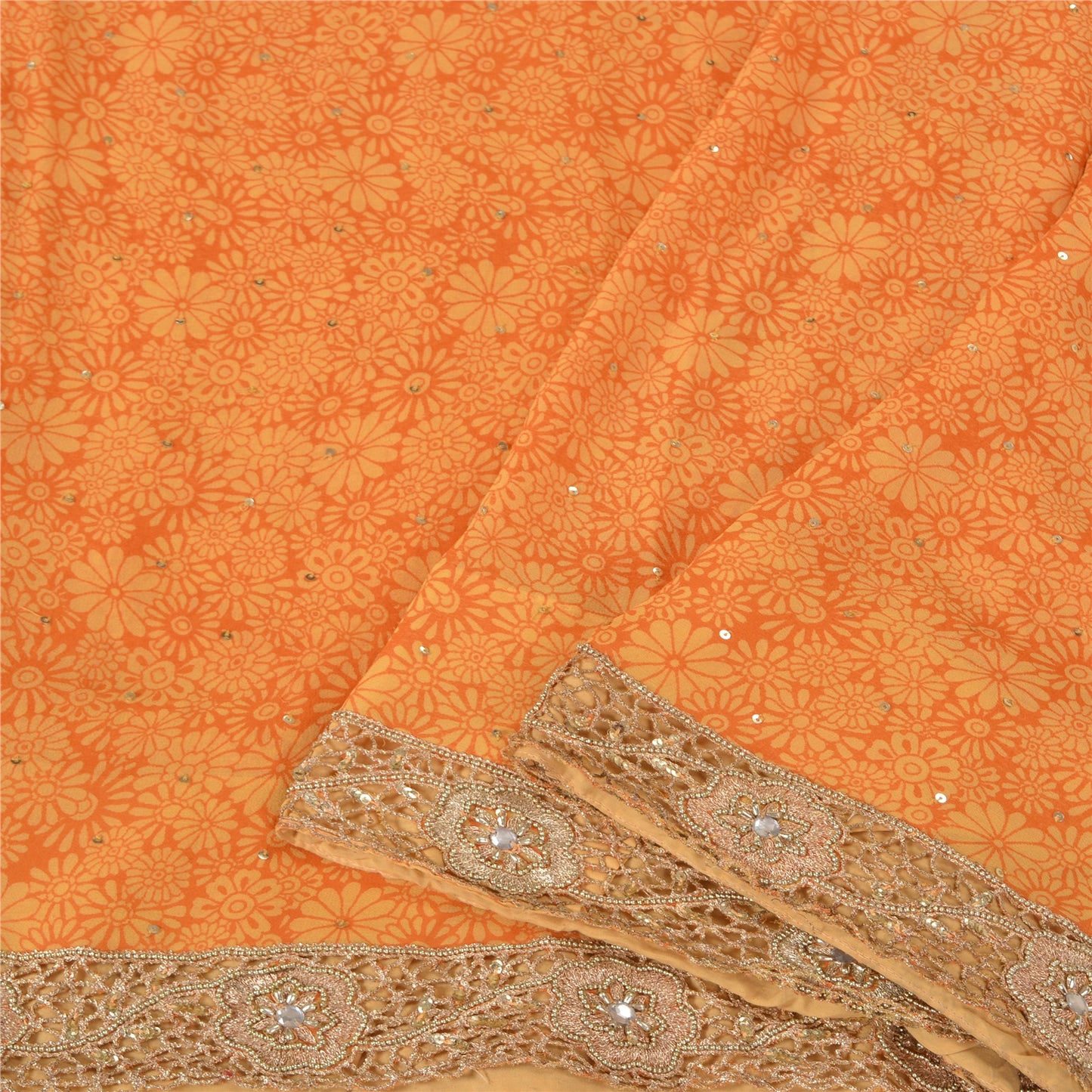 Sanskriti Vintage Orange Bollywood Sarees Pure Georgette Silk Beaded Sari Sustainable Fabric