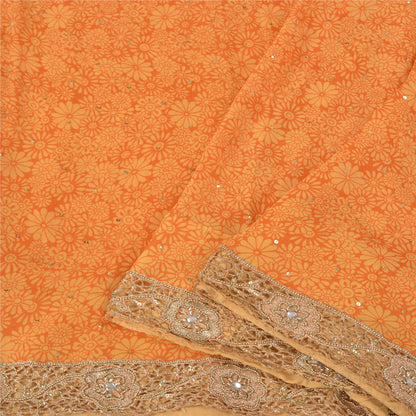 Sanskriti Vintage Orange Bollywood Sarees Pure Georgette Silk Beaded Sari Sustainable Fabric