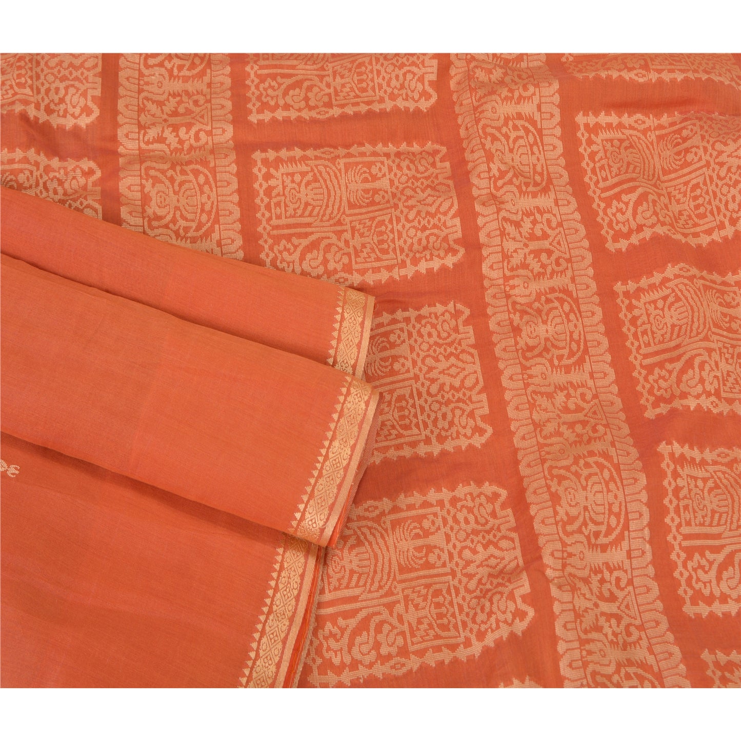 Sanskriti Vintage Sari 100% Pure Cotton Indian Coral Sarees Woven Ethnic 5yd Craft Fabric Create- Upcycled Sarongs, Scarves, or Stoles